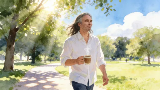 Prompt: Kevin has long hair, a soft face, and a white shirt, walking outside with coffee