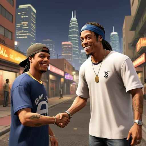 Prompt: "Imagine an epic and cinematic scene: the character CJ from GTA San Andreas, with all the sharp and realistic details that artificial intelligence can create, stands on a bustling street in Los Santos. In the background, the urban landscape stretches out, filled with vibrant lights and imposing skyscrapers. In a moment of camaraderie, CJ reaches out to greet the world's most famous player, Ronaldinho Ga�cho, who smiles with his characteristic warmth and extends his hand in return. The scene brims with energy, capturing not only the meeting between two icons but also the vibrant and dynamic atmosphere of the fictional city."