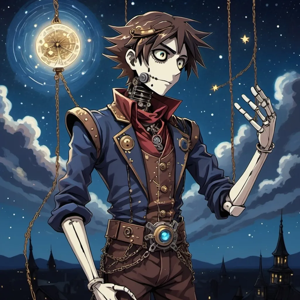 Prompt: A steam Punk half Human half puppet looking at a bright starry night sky, broken puppet strings attached to it's arms. must be in the Yu Gi Oh art style