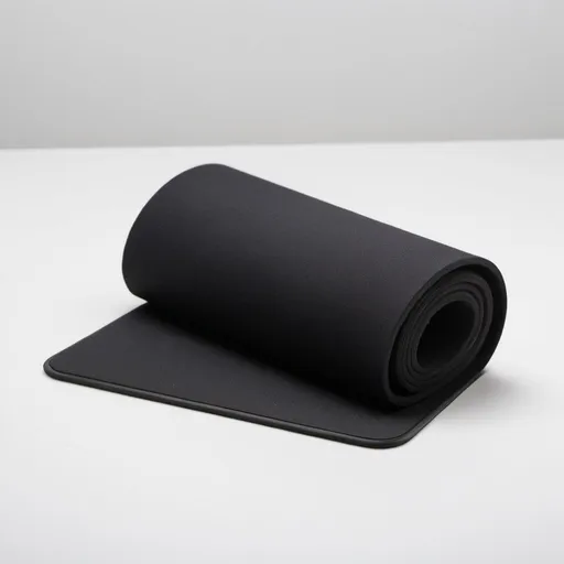 Prompt: a black mouse pad tightly rolled up with white background. The mouse pad has a rubber back and fabric top.  There is nothing else in the image.