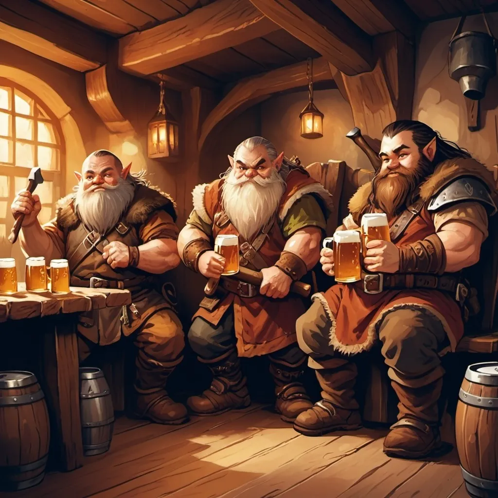 Prompt: Four dwarf characters holding an axe in a tavern , fantasy character art, illustration, dnd, warm tone. One woman. Some holding a beer