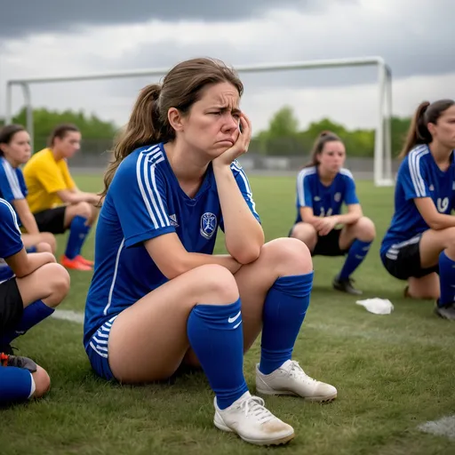 Prompt: Sarah sitting on the sidelines of a soccer field, clutching her stomach in pain. Her teammates are playing in the background, and her coach kneels beside her, looking concerned. The sky is overcast, reflecting Sarah’s frustration and sadness.