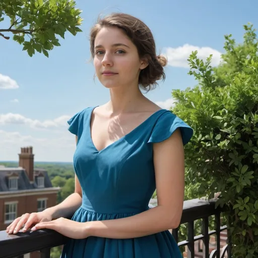 Prompt: a woman in a blue dress standing on a balcony with a blue sky in the background and a green bush, Claire Dalby, american barbizon school, dress, a picture