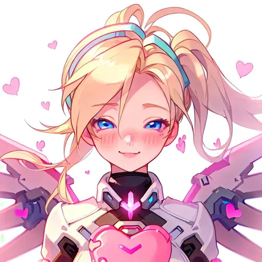 Prompt: Mercy from Overwatch. Blonde Hair in pigtails. Blue Eyes. Baby Pink accents. White background. Angel wings. Character head portrait. Smiling Softly. blushing. tiny pink hearts in background.