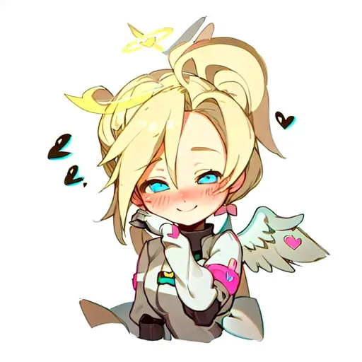 Prompt: Mercy from Overwatch. Blonde Hair in pigtails. Halo on head. Blue Eyes. Baby Pink accents. White background. Angel wings. Character head portrait. Shy smile. blushing. tiny pink hearts in background.