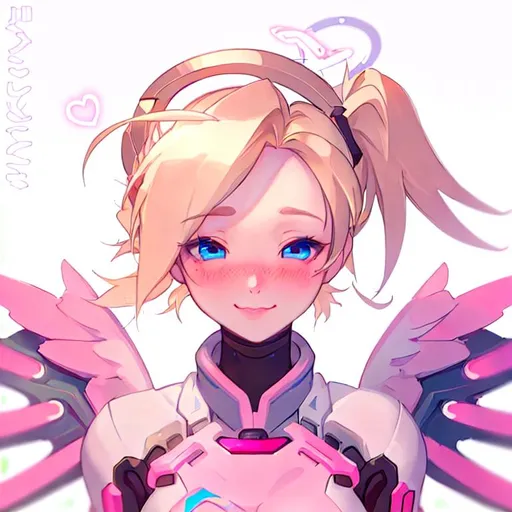 Prompt: Mercy from Overwatch. Blonde Hair in pigtails. Halo on head. Blue Eyes. Baby Pink accents. White background. Angel wings. Character head portrait. Shy smile. blushing. tiny pink hearts in background.