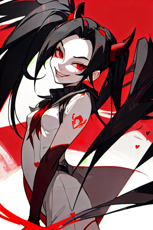 Prompt: Mercy from Overwatch. Black Hair in pigtails. Devil Horns. Red Eyes. red accents. White background. red demon wings. Character head portrait. Smirk. tiny red hearts in background.