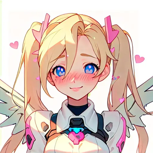 Prompt: Mercy from Overwatch. Blonde Hair in pigtails. Blue Eyes. Baby Pink accents. White background. Angel wings. Character head portrait. Shy smile. blushing. tiny pink hearts in background.