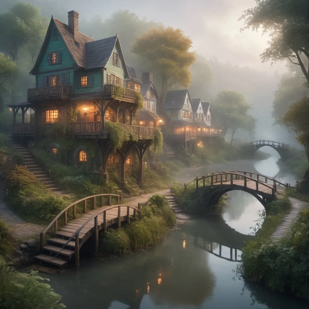 Prompt: small settlement, foggy, bridge and river, dramatic fantasy settlement scene, cinematic lighting