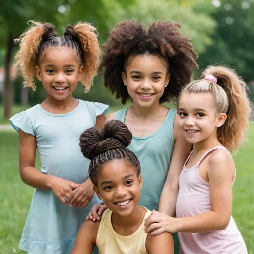 Prompt: little girls of different races with different hairstyles playing outside