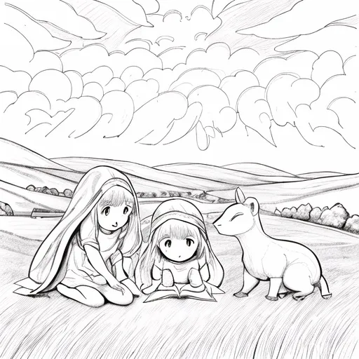 Prompt: Children's biblical illustration, vibrant and warm colors, soft and gentle lighting, high quality, detailed countryside landscape, cute animals, friendly characters, storytelling style, warm tones, gentle lighting, charming, narrative, heartwarming, traditional medium