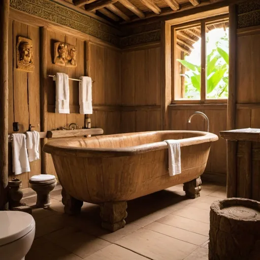 Prompt:  the big bathroom surrounded by wood, decorated by old ancient staff. 