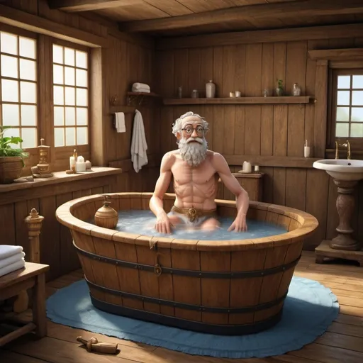 Prompt: Archimedes is having a bath in a wood tub, in the big bathroom surrounded by wood, decorated by old ancient staff
