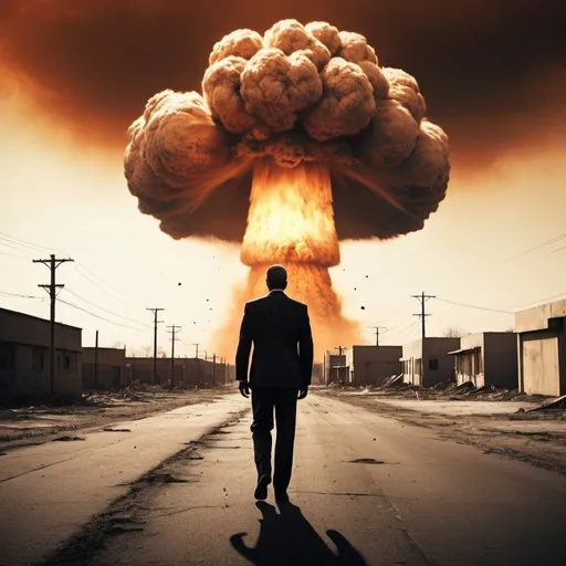 Prompt: (nuclear explosion in the distance), man in a suit, walking away, dramatic orange tint enveloping the scene, high contrast shadows, cinematic atmosphere, intense mood, (gritty details) highlighting the destructive power, apocalyptic setting, blurred background emphasizing the explosion, ultra-detailed, high-quality, compelling visual storytelling.