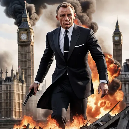 Prompt: a poster of james bond with london being destroyed