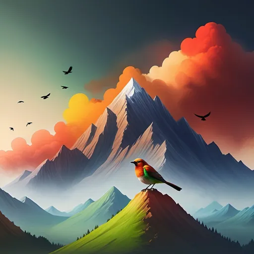 Prompt: Create an image for a YouTube banner that has no words, that shows a mountain, that the only colors are red, orange, brown, yellow, green and blue, the drawing should not be very realistic or very unrealistic, a middle point, it has to have a small bird in the sky.