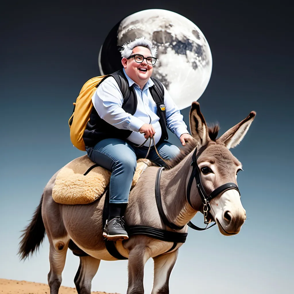 Prompt: Fat cleft chin guy with black and white hair wearing spectacles riding a donkey to the moon