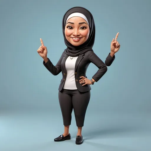 Prompt: 3d caricature. a 55 year old woman from Indonesia. brown skin. a bit fat, big head, oval face, oval chin. wearing a black hijab. wearing a white shirt, and wearing a jacket. wearing black pants. and loafers. with a left hand gesture. at the waist, and the right hand is raised while holding up one ring finger, blue background