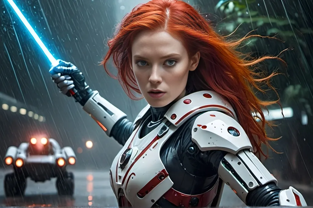 Prompt: androgynous woman with red hair wearing a spacesuit fighting robots with one laser sword in the rain