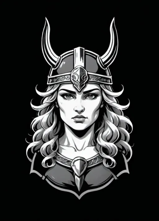 Prompt: Create a highly detailed, vector-style illustration of a female warrior inspired by Greek mythology, in a bold, graphic art style. The artwork should have clean, sharp linework, high-contrast shading, and intricate details, using a monochromatic palette (black, white, and shades of gray). The warrior resembles the goddess Athena, with a strong, determined expression, piercing focused eyes, and well-defined feminine facial features.

She wears an ornate Spartan helmet with a tall, vertical crest. The helmet should include detailed engravings, metallic textures, and elegant ornamental patterns, reflecting the power and wisdom of Athena. The helmet fully replaces any Viking elements like horns.

Her hair is long, flowing, and wavy, cascading in symmetrical curls from beneath the helmet, framing her face with a balanced and elegant appearance. The hair should be detailed but less voluminous to keep the focus on the face and helmet.

The shading should be bold and graphic, with heavy line art, sharp edges, and strong shadows, resembling a polished vector-style illustration. The background is solid dark gray to create contrast and emphasize the composition.

The overall artwork should convey strength, wisdom, and femininity, focusing solely on Greek mythology aesthetics and the elegance of Athena as a warrior goddess.