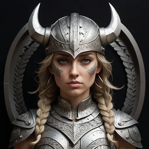 Prompt: Create a highly detailed vector-style illustration of a female warrior in a bold, graphic art style, inspired by Norse and Greek mythology. The style should resemble classic Viking illustrations with clean, sharp linework, high contrast shading, and intricate details, using a monochromatic color palette (black, white, and shades of gray).

The warrior should embody power, wisdom, and femininity, reminiscent of the goddess Athena. She has a strong, determined expression, with piercing, focused eyes and defined, feminine facial features.

She wears a Spartan-inspired helmet with a tall, vertical crest in place of Viking horns. The helmet is ornate, featuring engraved patterns, metallic plates, and fine details that emphasize strength and elegance. The helmet frames her face, leaving her eyes and lower face visible for expression.

Her hair flows long, voluminous, and wavy, cascading dramatically from beneath the helmet, with intricate curls and texture similar to traditional Viking illustrations. Avoid any masculine traits like a beard, and ensure the hair remains a focal point, adding movement and symmetry to the design.

The background should be a solid dark gray, creating contrast with the lighter tones of the warrior. The shading should be bold and graphic, with heavy line art, sharp edges, and strong shadows, resembling traditional vector artwork.

Focus on the following details:

Symmetry in facial features and helmet design.
Intricate textures on the Spartan helmet to enhance realism.
A monochromatic palette with no additional colors.
A serious and stoic expression, exuding wisdom and battle-hardened confidence.
Maintain clean, sharp lines to ensure a polished, stylized look.
The overall composition should convey strength, femininity, and mythology, staying faithful to the aesthetic of Viking warrior illustrations but with clear Spartan and Athena-inspired influences."