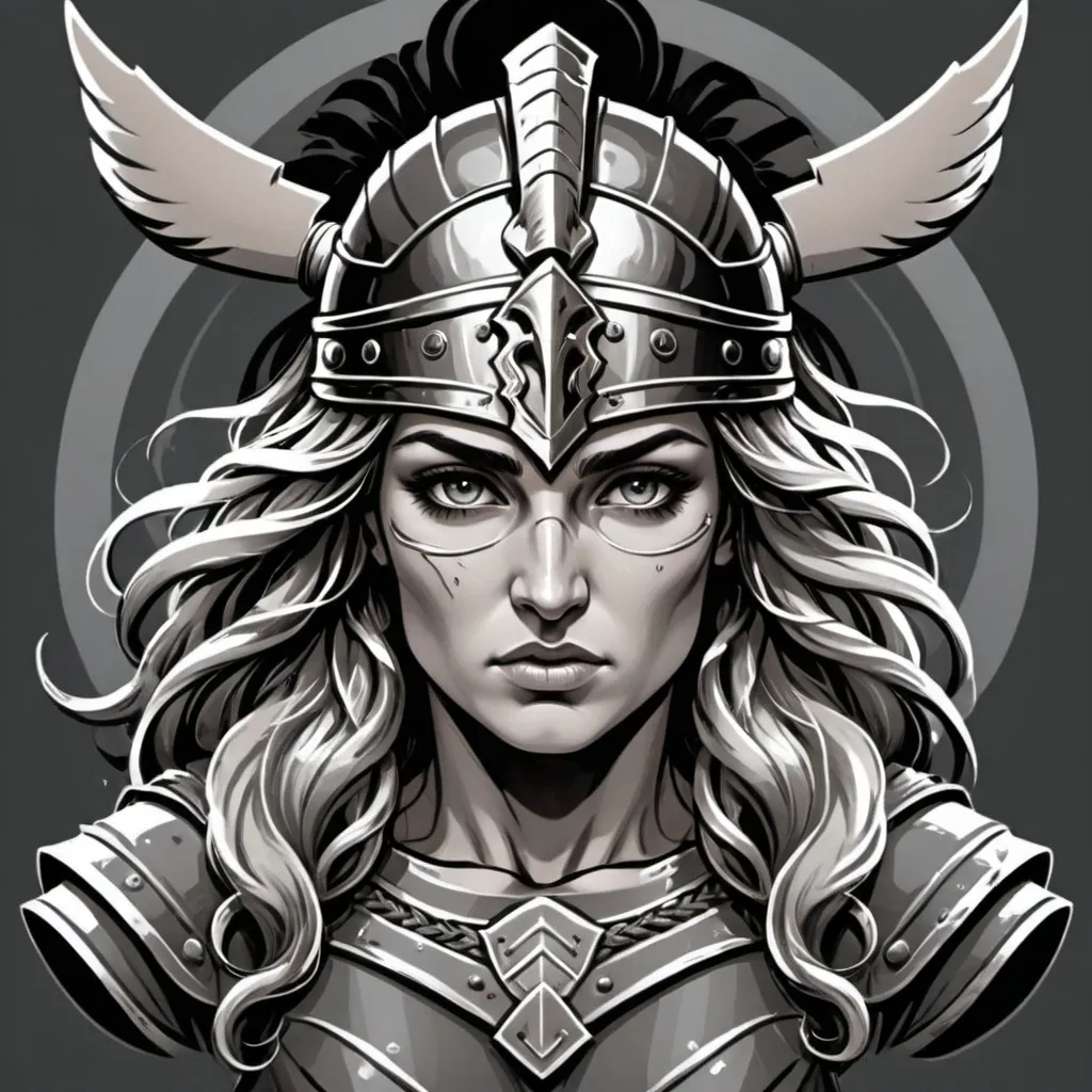 Prompt: Create a highly detailed, vector-style illustration of a female warrior inspired by Greek mythology, in a bold, graphic art style. The artwork should have clean, sharp linework, high-contrast shading, and intricate details, using a monochromatic palette (black, white, and shades of gray). The warrior resembles the goddess Athena, with a strong, determined expression, piercing focused eyes, and well-defined feminine facial features. She wears an ornate Spartan helmet with a tall, vertical crest. The helmet should include detailed engravings, metallic textures, and elegant ornamental patterns, reflecting the power and wisdom of Athena. The helmet fully replaces any Viking elements like horns. Her hair is long, flowing, and wavy, cascading in symmetrical curls from beneath the helmet spartan, framing her face with a balanced and elegant appearance. The hair should be detailed but less voluminous to keep the focus on the face and helmet spartan. The shading should be bold and graphic, with heavy line art, sharp edges, and strong shadows, resembling a polished vector-style illustration. The background is solid dark gray to create contrast and emphasize the composition. The overall artwork should convey strength, wisdom, and femininity, focusing solely on Greek mythology aesthetics and the elegance of Athena as a warrior goddess.