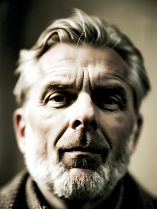 Prompt: old norwegian working-class male, (thoughtful expression), posing confidently, (soft focus), muted colors, reminiscent of early film photography, (grainy texture), atmospheric lighting, (vintage feel), nostalgic ambiance, detailed clothing reflecting the era, simple yet expressive background elements that evoke early 20th-century Norway, (high detail)