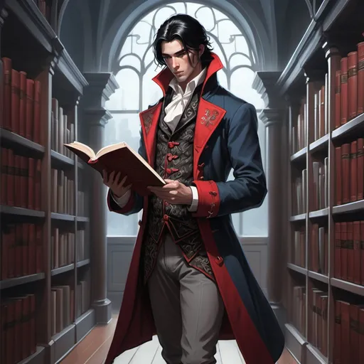 Prompt: Human character, black hair, blue eyes, tall, very lean, red and black colonial style coat, white shirt, gray vest with red embroidery, dark grey pants, black boots, reading a book in a library, fantasy character art, illustration, dnd, cool tone full body