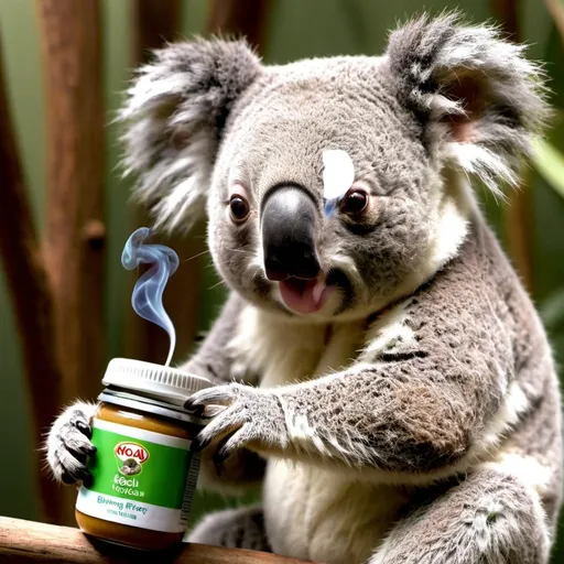 Prompt: Koala blowing smoke holding an empty baby food jar
