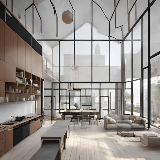 Prompt: interior design, open plan, kitchen and living room, modular furniture with cotton textiles, wooden floor, high ceiling, large steel windows viewing a city