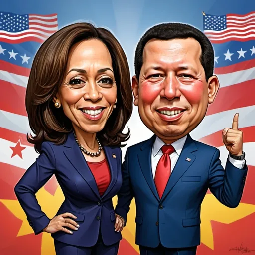 Prompt: create a caricature
 image with Kamala Harris and Hugo Chavez side by side.  no face paint
