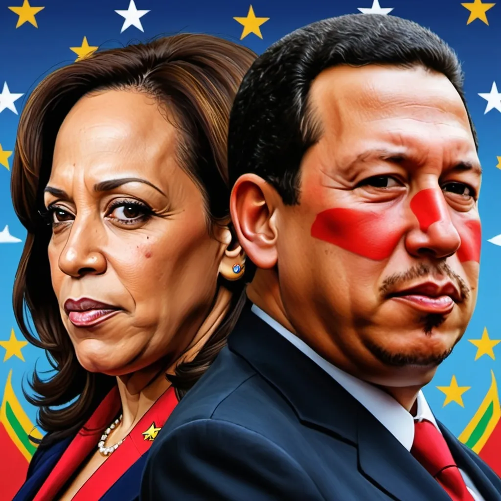 Prompt: create an image of Kamala Harris’ face combined with Hugo Chavez

