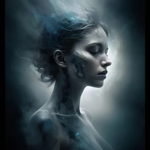 Prompt: Create a digital artwork in the style of Federico Bebber, focusing on a surreal and ethereal atmosphere. The central subject is a solitary photorealistic human female figure, brightly fragmented, with parts of the body dissolving into the dark, misty background. The face should be the focal point, conveying desire, with subtle expressions that hint at emotional complexity. Use a dark, muted color palette with deep blues, blacks, and grays, contrasted with bright vibrant fractals and patterns resembling neural pathways. Almost as if human machine hybrid. Incorporate delicate, intricate details but obscure the view as if through a fog symbolizing the fragility of the mind. Ensure the lighting is soft and diffused, casting gentle shadows to create depth and volume. The overall mood should evoke a sense of emotional instability and complexity, abstract view into the mind. 