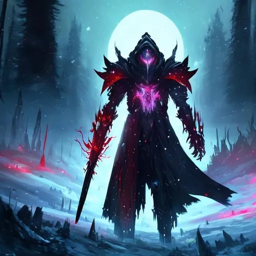 Prompt: dark sorcerer in the snow, robotic bodies around him, red eyes, red glow, painting style view from afar