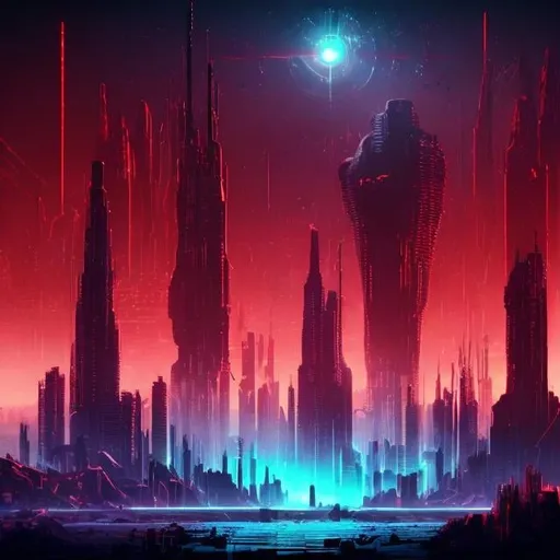 Prompt: Dark futuristic city with blood flowing on top, lake on the middle and laser towers, man on the background looking at it