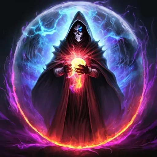 Prompt: dark sorcerer with a death mask holding a sphere with all the pain in the universe inside it 