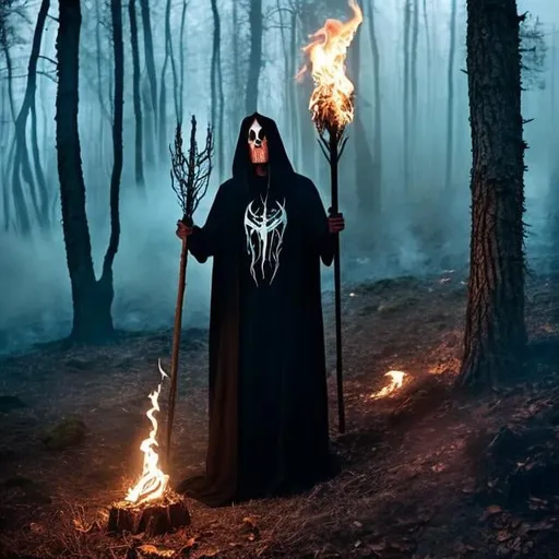 Prompt: black metal, pagan burning woods with dark sorcerer holding torch