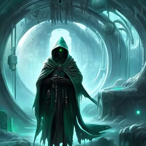 Prompt: Futuristic dark mechanical world, tubes, cryo chambers , a sorcerer in front with green eyes and hood covered, painting style