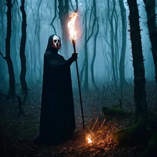 Prompt: black metal, pagan woods with dark sorcerer holding torch