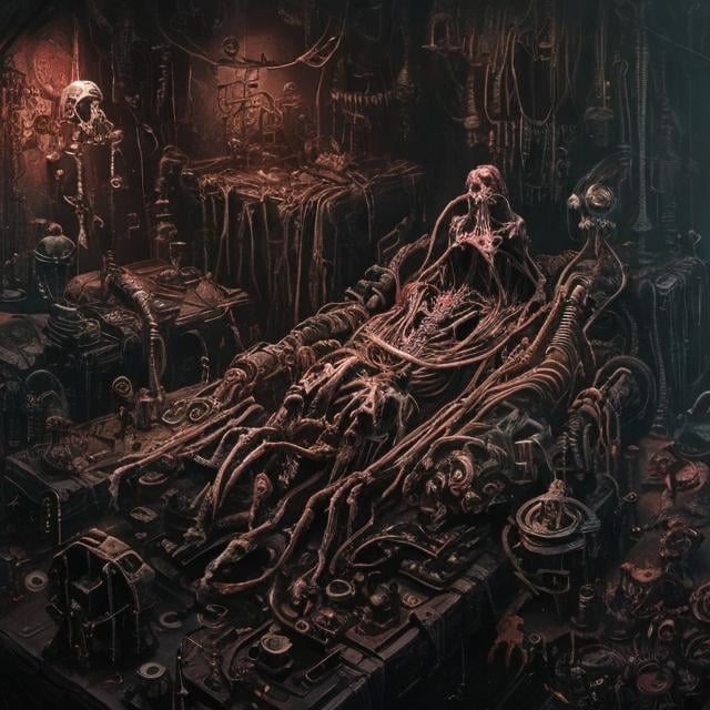 Prompt: Dark and black mechanical world, very obscure, with flesh and bones, sorcerer dying in the background, black painting