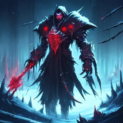 Prompt: dark sorcerer in the snow, robotic bodies around him, red eyes, red glow, painting style view from afar