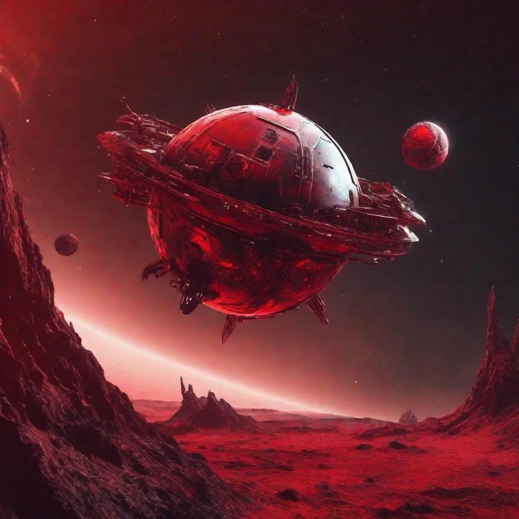 Prompt: Mechanical planet in space tainted with dark magic, spaceship red, photographic style