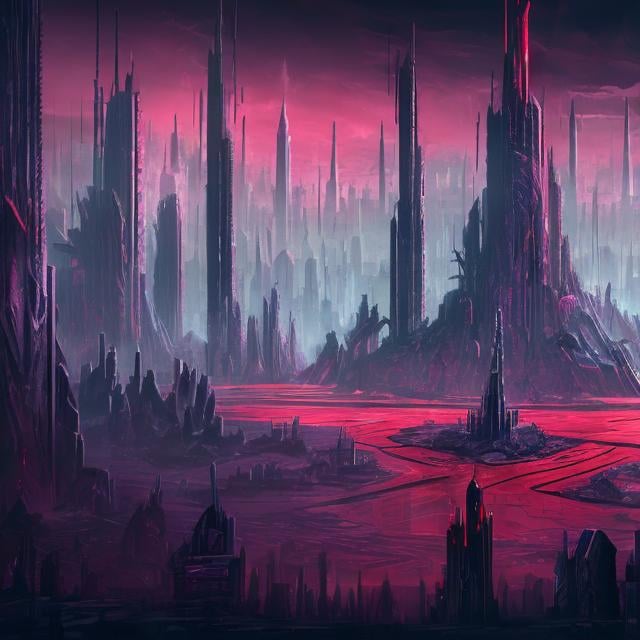 Prompt: Dark futuristic city with a blood lake on the middle and watch towers, sorcerer on the background looking at it