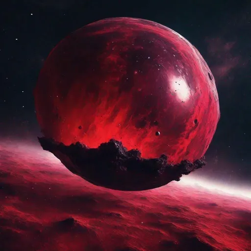 Prompt: Void planet in space tainted with dark magic, spaceship red, photographic style