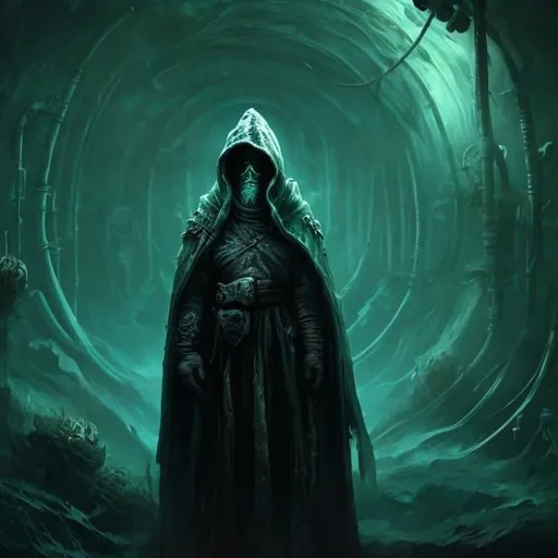 Prompt: Futuristic dark mechanical world, tubes, cryo chambers, desolation, very dark , a sorcerer in front with green eyes and hood covered, painting