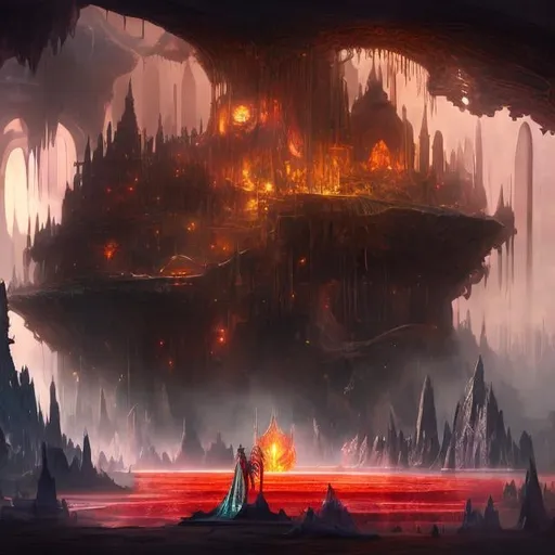 Prompt: mechanical world with a sorcerer standing behind a large blood lake digital painting