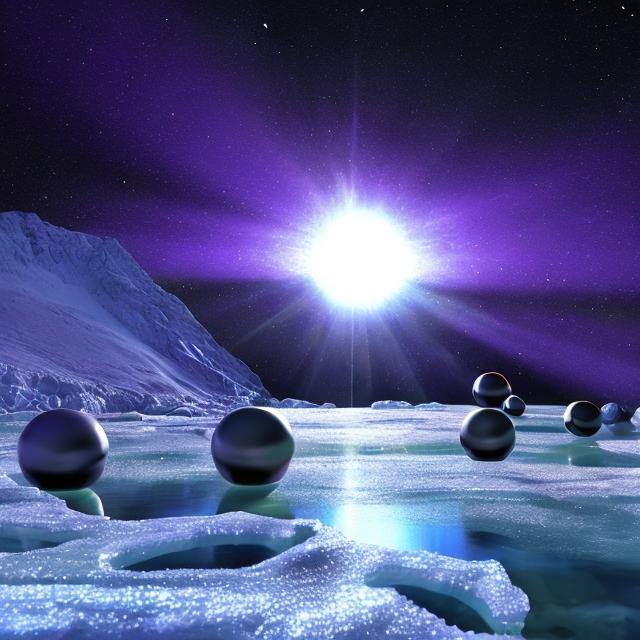 Prompt: Sequential spheres of Chalcedon in frozen lake emanating ultraviolet light