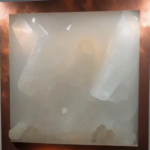 Prompt: Pale white ellipses subside into quartz crystal void reflecting warm copper light