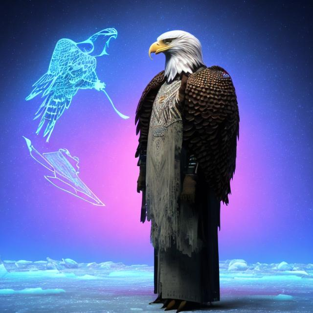 Prompt: Realistic eagle man with dodecahedral spheres of perforated Chalcedon in a frozen lake emanating ultraviolet light