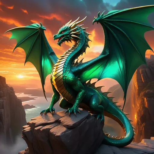 Prompt: (Dramatic regal dragon), majestic wings outspread, (scales shimmering iridescent hues of emerald and gold), perched atop a jagged cliff, sunrise glowing in the background, clouds swirling, (epic fantasy atmosphere), (HD), high detail, mythological creature, fire-breathing pose, captivating gaze, vibrant color palette.